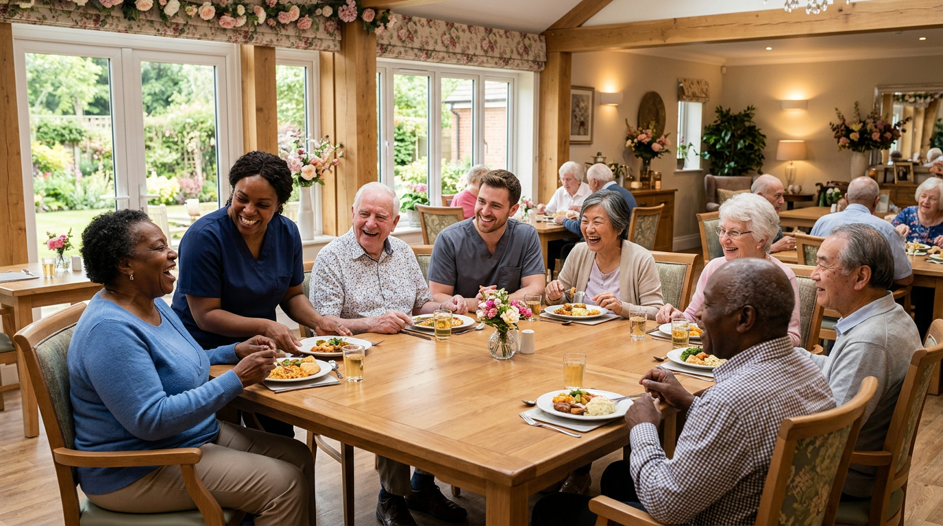 Caregiver smiling with elderly couple at Roseville Homes Assisted Living